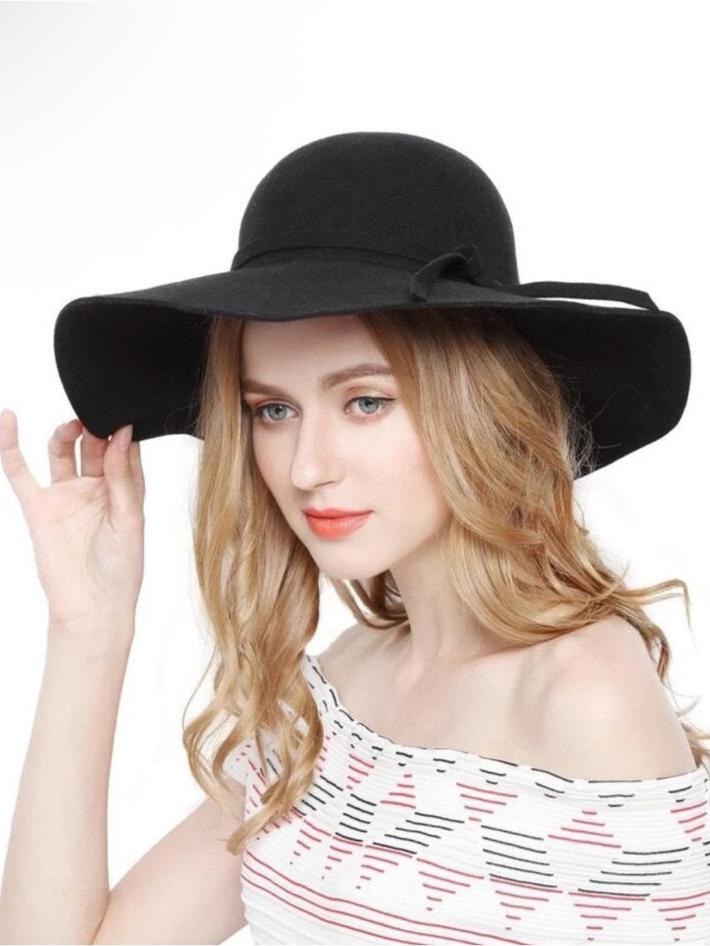 NWT Lovful Women Black 100% Wool Wide Brim Cloche Floppy Hat